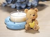 Blue Heart Shaped Teddy Bear Candle Holder w Candle w Blue Stones (Set of 24) - Baby Shower Gifts &