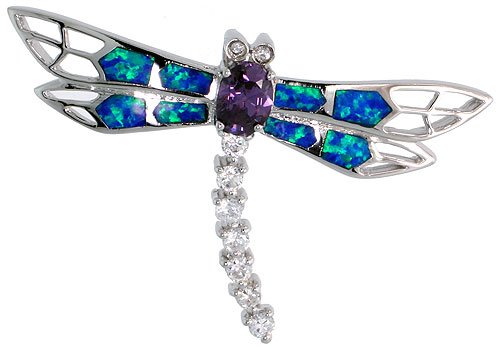 Sterling Silver Dragonfly Pendant, Inlaid w/ Lab Opal & Amethyst CZ stones, 1 13/16 (46 mm) wide