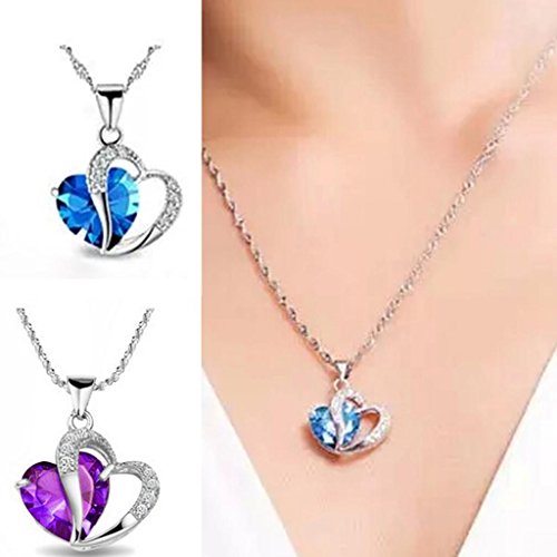 DDU(TM) 1Pc Sky Blue- Stylish Artificial Gem Love Heart Shape Pendant Chain Necklace Valentines Gift