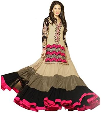 Fashionkiosks Beige skirt with black and Red Georgette Unstitched Lehenga Suit