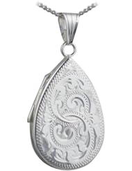 British Jewellery Workshops Silver 28x19mm engraved flat teardrop Locket with Curb chain