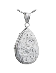 British Jewellery Workshops Silver 28x19mm engraved flat teardrop Locket with Curb chain