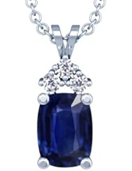 18K White Gold Cushion Cut Blue Sapphire And Round Diamond Pendant