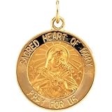 14K Yellow Gold Round Sacred Heart Of Mary Pendant Medal