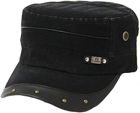 Yj Global Leather Stud Visor Vintage Caps Military Army Cadet Hats (Black)