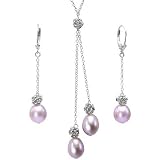 Lavender Isabella Cultured Pearl Drop Rose Lariat and Dangle Earrings Set in Platinum Overlay CAREFREE Sterling Silver