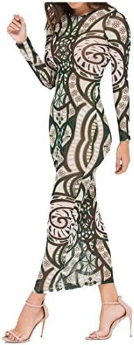 Women Tattoo Tribal Floral Print Sheer Mesh Bandage Bodycon Vintage Maix Dress (L, Floral)
