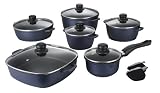 Karcher 112761 Hochwertiges 12-teiliges Aluguss Kochtopf Set mit Rechteckpfanne, Teflon Classic beschichtet, blau