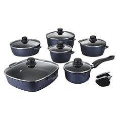 Karcher 112761 Hochwertiges 12-teiliges Aluguss Kochtopf Set mit Rechteckpfanne, Teflon Classic beschichtet, blau