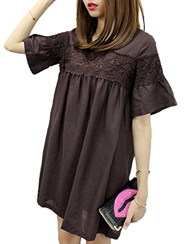(サラキッド） SaraKid ゆったり 綿麻 花柄 レース 刺繍 チュニック ワンピース 半袖 ひざ丈 ブラウン グレー レディース ガーリー カジュアル デザイン