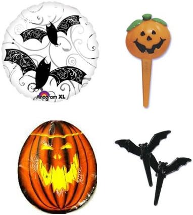 24 Bat Cupcake Picks with 12 Jack-o-Lantern Picks with 2 Mylar Balloons - Spooky Party Bundle