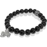 Onyx Stretch Bracelet with Clover Leaf Charm & Stainless Steel Bead Accent