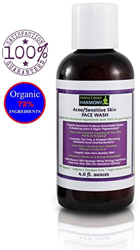 Acne / Sensitive Skin Face Wash Cleanser * 72% Organic & Loaded with The Best Natural Botanical Ingredients! * LOVE THIS Sulfate & Paraben Free Sugar Based Facial Cleanser! 4.0 fl. oz. Amber Bottle.