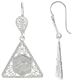 Sterling Silver Triangular Filigree Drop Earrings, w/ Dolphin in Hexagon at center, 1 1/2 (38mm) tall