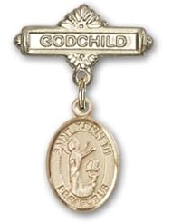Gold Filled Baby Badge with St. Kenneth Charm and Godchild Badge Pin