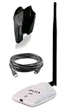 Alfa AWUS036NHR - High-Gain 2000mw 2W 802.11 B/G/N Wireless USB Network Adaptor With a 5dBi antenna And a 5m (16.4 Feet) USB Cable and a Suction cup / Clip Window Mount dock - Wireless-N 802.11n Wi-Fi - 150Mbps - 2.4 GHz - 5dBi Antenna - Long Range - Realtek Chipset - Strongest on the Market