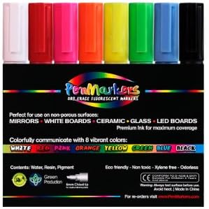 PenMarkers Dry Erase, chisel tip for fine point, neon colors, best for kids, arts and crafts, office white or restaurant LED bistro boards, and some chalk boards. Set of 8 liquid chalk like ink. Satisfaction guaranteed