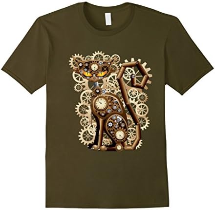 Men's Steampunk Vintage Cat T-Shirt Medium Olive