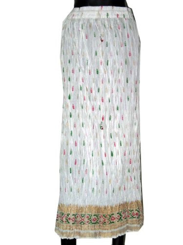 Womens Skirt White Gold Gypsy India Boho Bellydance Cotton Crinkle Long Skirt 38 Inches