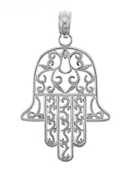 14k White Gold Jewish Hamesh Hand Filigree Charm Hamsa Pendant