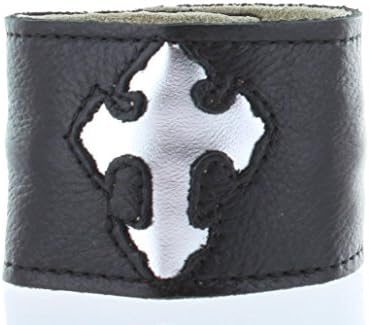 Charlie Biker Bracelet, Men or Womens Leather Bracelet with Secret Hidden Zipper Compartment, Approx 8-9" Adjustable, Black Leather with Silver Cross Design.