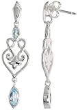Sterling Silver Heart-shaped Celtic Earrings, w/ Marquise Cut Natural Blue Topaz Stones, 1 7/16" (37mm) tall