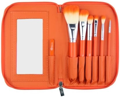 Orange High Definition Makeup Brush Set w/ Mirror and Tweezers