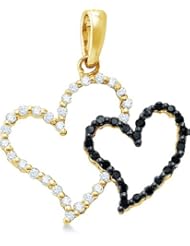 10k Yellow OR White Gold Black and White Diamond Round Cut 2 Two Heart Shape Love Pendant - 20mm Width * 21mm Height (1/6 cttw)