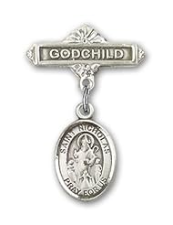Sterling Silver Baby Badge with St. Nicholas Charm and Godchild Badge Pin