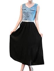 Round Neck Sleeveless Chiffon/Cotton/Denim Floor Length Pleated Belted  Dress