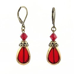 Earrings - E245 - Teardrop Window Pane and Crystal ~ Red