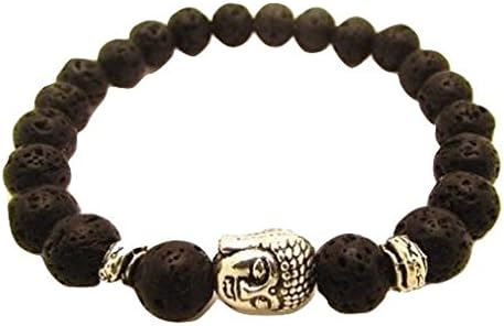 Natural Black Lava Energy Stone Bracelet with Silver Colored Buddha Unisex