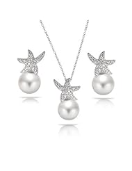 Bling Jewelry 925 Silver Starfish Freshwater Pearl Pave CZ Necklace Earrings Set