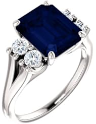 Platinum 10.00x8.00mm Emerald Cut Chatham Created Sapphire and Diamond Ring -- LIFETIME WARRANTY