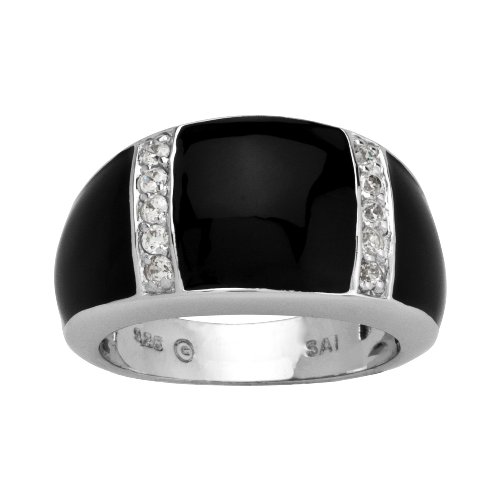Sterling Silver White Cubic Zirconia with Black Enamel Womens Ring, Size 6
