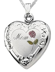 0.925 Sterling Silver Heart "Mom" with Rose Locket Charm Pendant Necklace