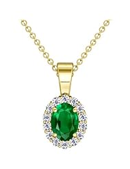 14K Yellow Gold Oval Cut Emerald And Round Diamond Pendant