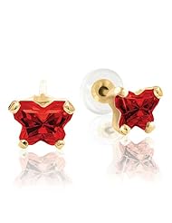 Red Butterfly Cubic Zirconia Earrings in 14kt Yellow Gold - Friction Backs