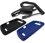 3 Pieces Combo Set of Black and Dark Blue Silicone Skin Cover Case with Car Charger for Blackberry 9530 9500 Storm Thunder