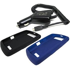 3 Pieces Combo Set of Black and Dark Blue Silicone Skin Cover Case with Car Charger for Blackberry 9530 9500 Storm Thunder