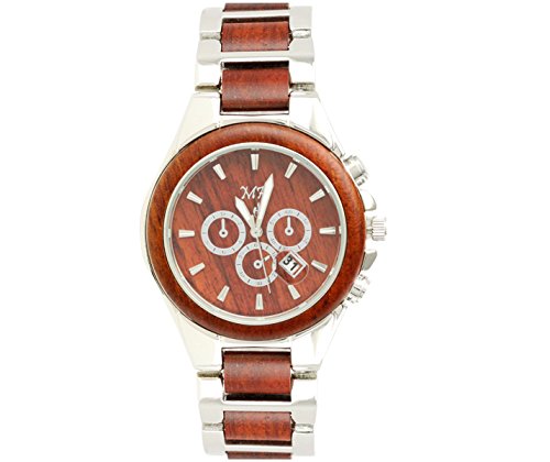 Men's Wooden Watch Silver-Tone Date Quartz Handmade Wood Watch