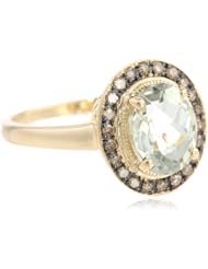Sterling Silver with Yellow Gold Plated Green Amethyst and Champagne Diamond Ring, Size 7