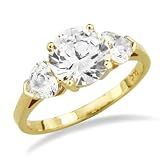 14k Yellow Gold Prong Set 3 Three Stones Round and Heart Shape CZ Cubic Zirconia Bridal Wedding Anniversary Engagement Ring 2.0ct