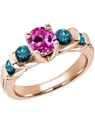1.88 Ct Round Pink Created Sapphire Blue Diamond 14K Rose Gold Ring