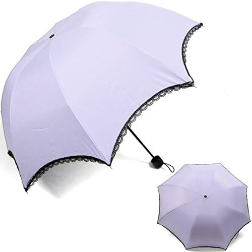 kilofly Arched Folding Parasol Umbrella with Black Lace Trimming, UPF 40+, Light Purple
