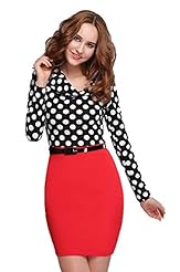 Polka Dot Print Polyester/Spandex Belted Colorblocking Bodycon Dress/Party Dress 