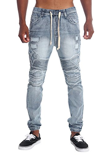 Victorious Distressed Biker Denim Jogger Pants JG870 - LT. INDIGO - Large