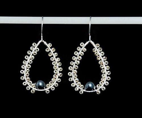 Geometric Lightweight Small Simple Silver Tone Black Simulated Pearl Dangle Earrings