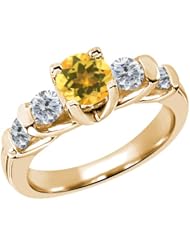 1.58 Ct Round Yellow Citrine G/H Diamond 18K Yellow Gold Ring