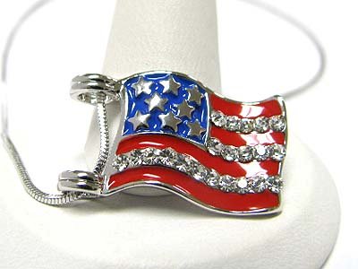 Patriotic Blue/Red USA American Flag Charm Necklace with Ice Crystal “Stripes” Silver Tone